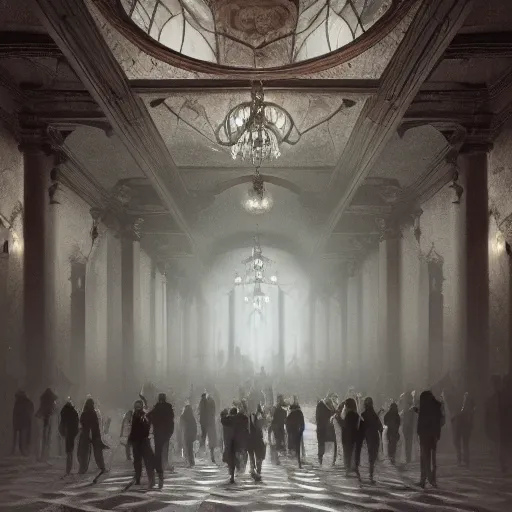 Image similar to A room full of people, vampires, high ceiling, victorian, soft light, ominous, photorealistic, detailed, 8k