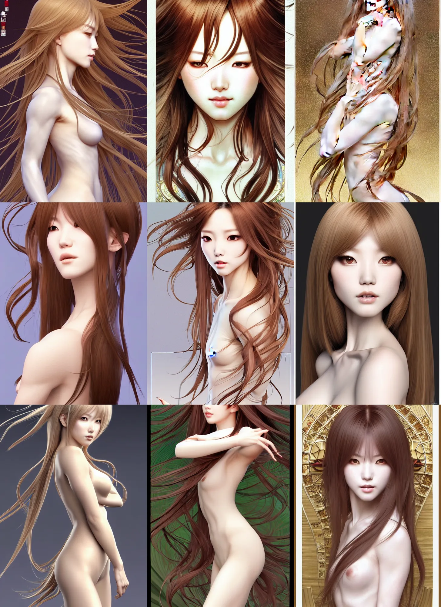 Prompt: full length complex 3 d hyper realistic smooth ultra sharp render of a gorgeous female, short white!! hair long bangs, flawless caramel!! skin | art by oh jinwook + 吵 集 仁 儿 on artstaion + takeshi obata + alphonse mucha + jim lee