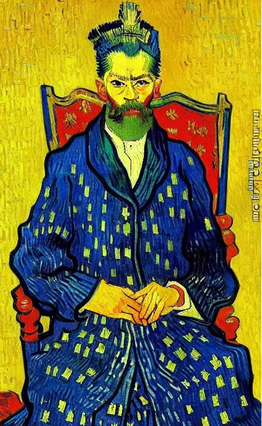 Image similar to detailed expressionist!! oil painting masterpiece portrait of an ancient emperor on his throne!! by van gogh, 8 k resolution, smooth, sharp focus, matte painting, beautiful masterpiece expressionist painting