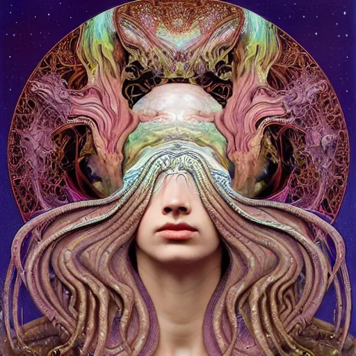 Prompt: ! dream detailed realistic beautiful young groovypunk queen of andromeda galaxy in full regal attire. face portrait. art nouveau, symbolist, visionary, baroque, giant fractal details. horizontal symmetry by zdzisław beksinski, iris van herpen, raymond swanland and alphonse mucha. highly detailed, hyper - real, beautiful