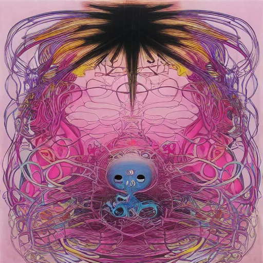 Prompt: Pink Vines by Takashi Murakami, Jean-Michel Basquiat, H.R. Giger, David Choe and Zdzisław Beksiński, incredibly intricately detailed artwork, oil on canvas