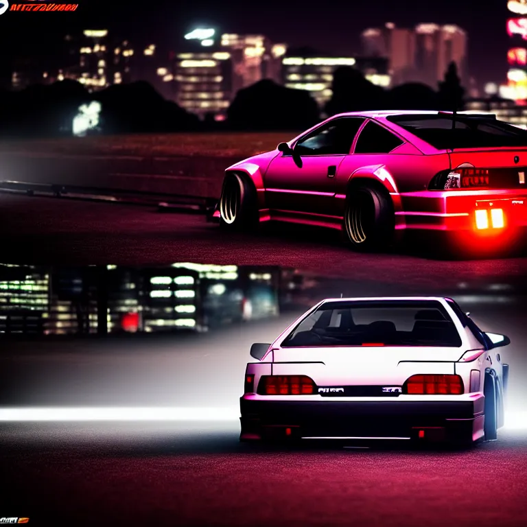 Image similar to a car 300ZX twin turbo drift at illegal car meet, Shibuya prefecture, city midnight mist lights, cinematic lighting, photorealistic, highly detailed wheels, high detail