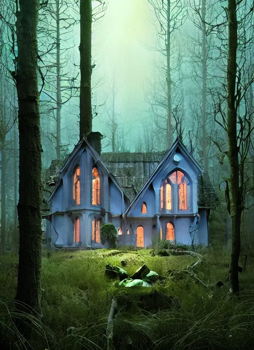 Image similar to hyper realistic witchy modern gothic house with mood lighting and tech in the woods gorgeous lighting, sunbeams blue sky, highly detailed, lush forest foliage painting by zdzisław beksinski and norman rockwell and greg rutkowski weta studio, and lucasfilm