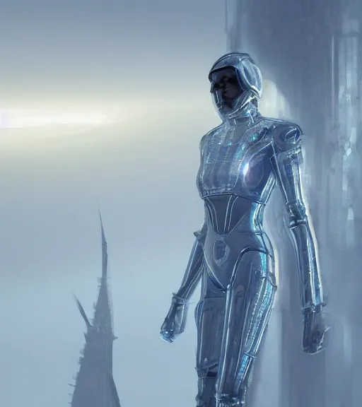 Image similar to tarkovsky greatest scene, tower of babylon destroyed, ethereal, ancient, majestic woman in a futuristic cyber clothing, transparent puffer jacket, hyperrealistic, blockchain, cyber world, ambient lighting, concept art, intricate sky, hyper - detailed, smooth, dynamic volumetric lighting, octane, ray tracing, cinematic, high quality, cgsociety