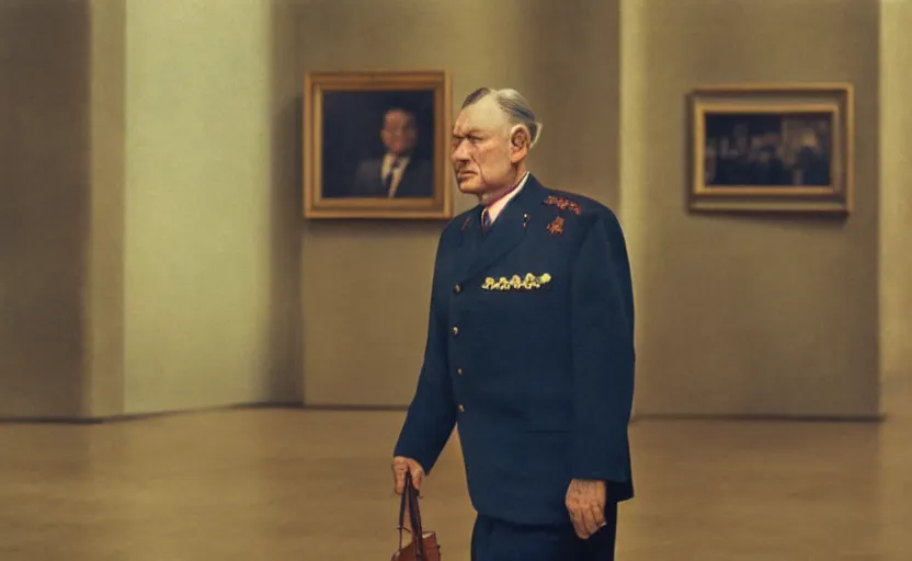 Image similar to 50s movie still close-up portrait of an elder soviet general walking in an empty museum, by David Bailey, Cinestill 800t 50mm eastmancolor, heavy grainy picture, very detailed, high quality video, 4k, HD criterion, precise texture and facial expression