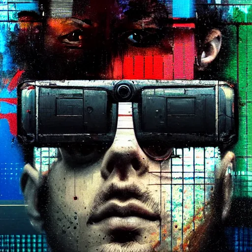 Prompt: portrait of a young man with vr glasses, by Guy Denning, by Johannes Itten, by Russ Mills, centered, glitch art, hacking effects, digital tech effects, cyberpunk, color blocking! , oil on canvas, intricate detail, concept art, abstract, octane render, cgsociety, trending on artstation