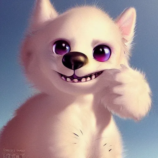 Image similar to cutie fluffy creature dog, digital art, 3 d, octave render, masterpiece, mega detailed, pixar, disney, vivid illustration, cartoon, fantasy, by george stubbs, artgerm, in the style of ghibli kazuo oga, pastel fur