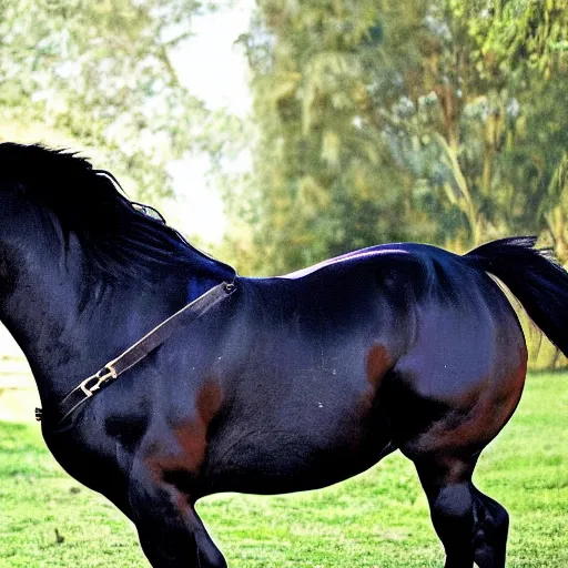 Image similar to a hyper obese horse. The horse is so fat that his legs can’t touch the ground