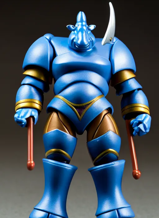 Prompt: Anthropmorphic hippo knight action figure from Micronauts, MOTU, symmetrical details, by Hasbro, Playmates Toys, Don Bluth, tfwiki.net photography, product photography, official media