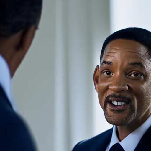 Prompt: a cinematic film still of Will Smith starring as Barack Obama, portrait, 40mm lens, shallow depth of field, close up, split lighting, cinematic