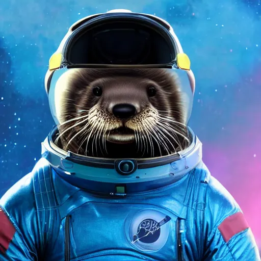 Image similar to a realistic portrait of an otter wearing a full space suit and reflective visor set against a space and nebula background, trending on artstation, ultra detail, photorealistic, fine detail, cgi, zbrush, global illumination, studio lighting