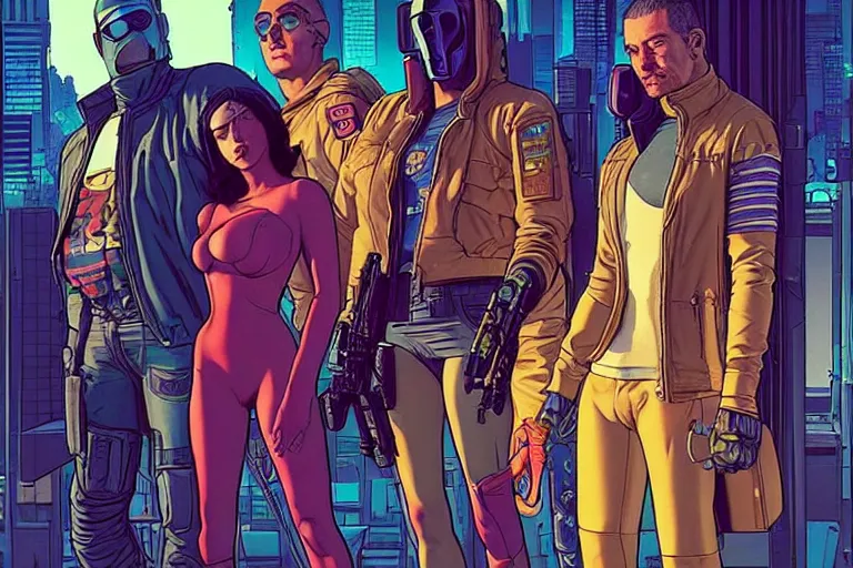 Image similar to cyberpunk heist crew. portrait by stonehouse and mœbius and will eisner and gil elvgren and pixar. character design. realistic proportions. dystopian. cyberpunk 2 0 7 7 character art, blade runner 2 0 4 9 concept art. cel shading. attractive face. thick lines. the team. diverse characters.