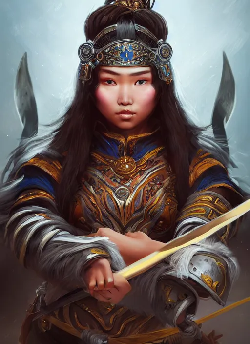 Image similar to a highly detailed illustration of fierce mongol warrior woman with bow, heroic shooting bow pose, perfect hyperdetailed face, intricate, elegant, highly detailed, centered, digital painting, artstation, concept art, smooth, sharp focus, league of legends concept art, wlop.