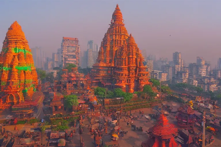 Image similar to high quality 3 d dreamscape! mumbai with biomorphic hanuman head building, kalighat highly detailed, cinematic smooth, stephen shore & john j. park, soft morning light, wide shot, high angle, uhd 8 k, deep focus