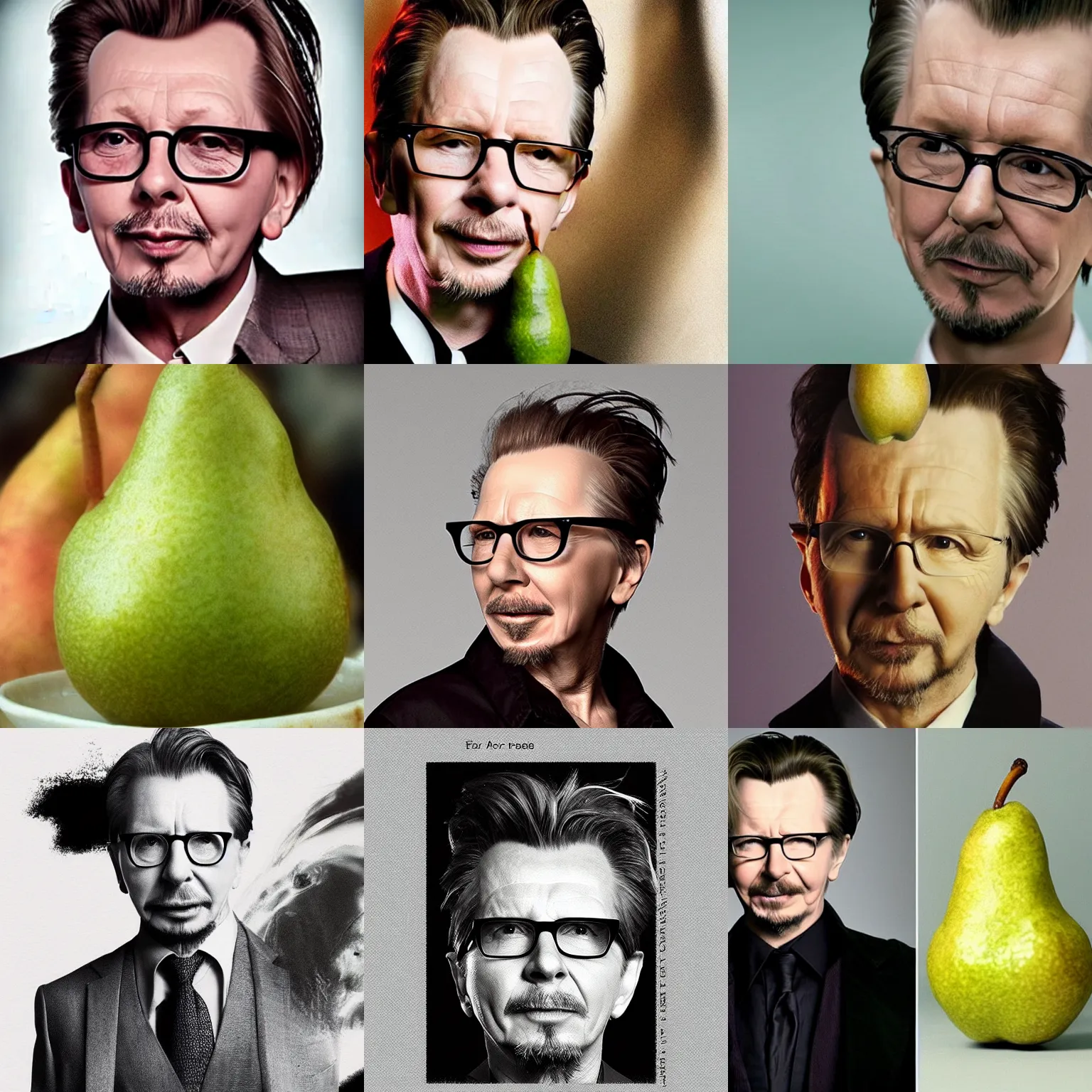 Prompt: a fusion of a pear with gary oldman's face, half pear, half gary oldman