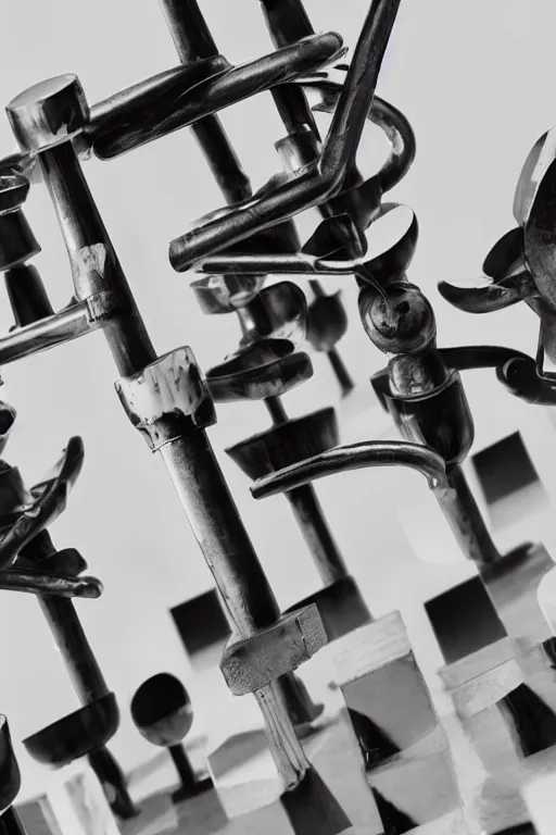 Image similar to a close-up portrait of Marcel Duchamp's industrial chess-piece-building machine in the style of Hito Steyerl and Shinya Tsukamoto and Irving Penn and Robert Frank, minimal contraption