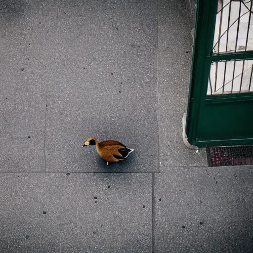 Prompt: A duck staring at a homeless person, cinematic, professional photography, taken from above