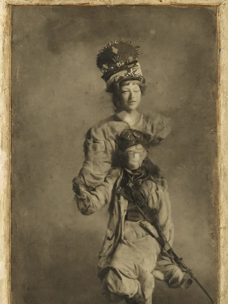 Image similar to portrait of a lonely female soldier floating in the air, wearing a crown, by george henry harlow