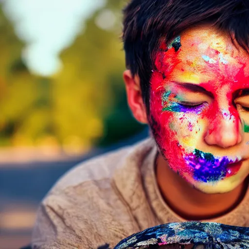 Prompt: 100mm bokeh realistic outdoors photo of a young adult with various colors of paint smeared on their face, eyes closed, sunset behind them, HDR cinematic lens