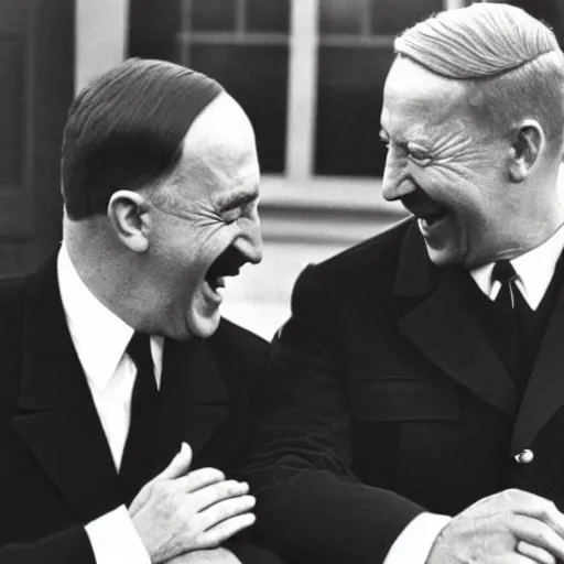 Image similar to “ very photorealistic photo of hitler and joe biden laughing together, award - winning details ”