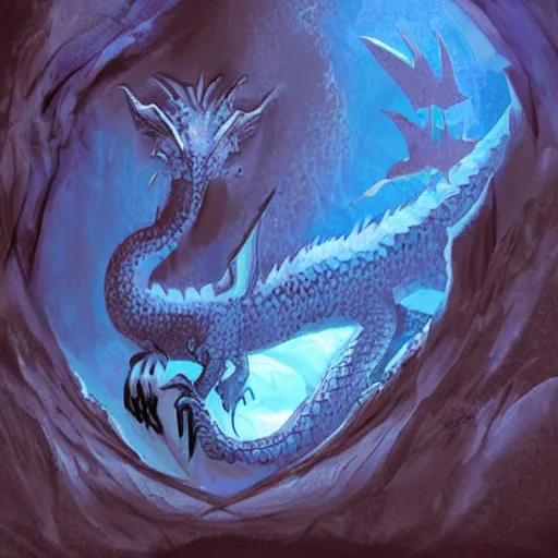 Image similar to Dragon sleeping in a deep, dark cave made of blue crystal.