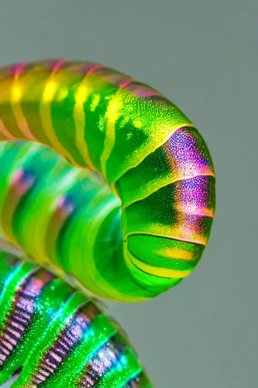 Image similar to high quality macro photo iridescent translucent caterpillar! gorgeous highly detailed david ligare elson peter cinematic pink lighting high quality low angle hd 8k sharp shallow depth of field