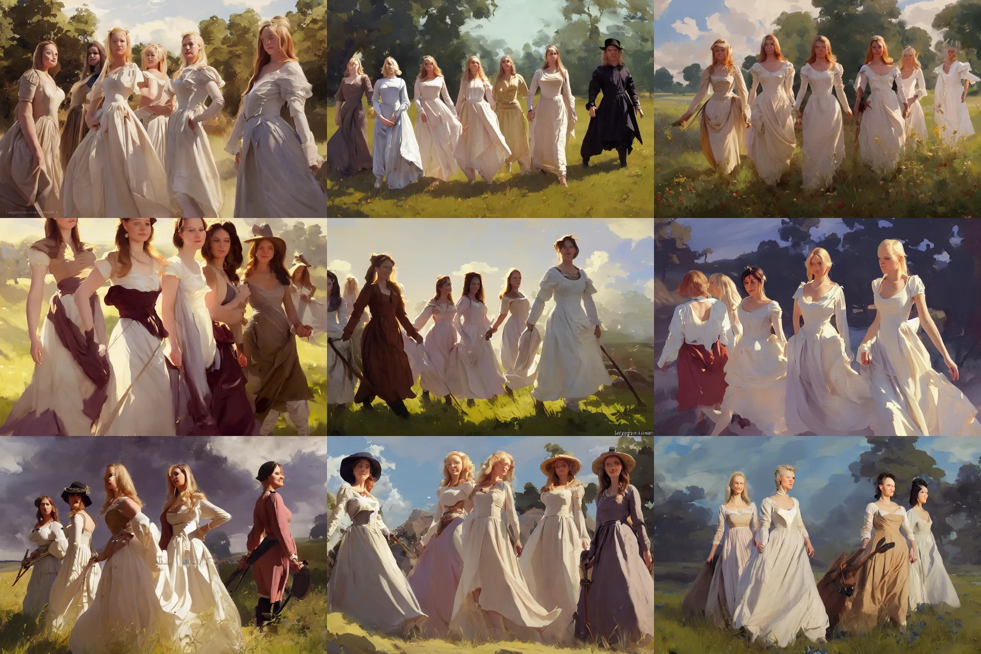 Prompt: five of beautiful finnish norwegian swedish scandinavian attractive glamour models wearing 1 7 th century court dress with low neckline walking in the field in a sunny day, jodhpurs greg manchess painting by sargent and leyendecker, studio ghibli fantasy close - up shot asymmetrical intricate elegant matte painting illustration hearthstone, by greg rutkowski by greg tocchini by james gilleard