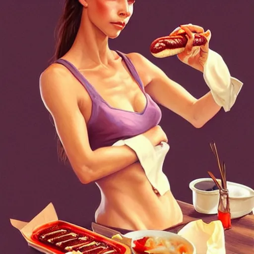 Prompt: Victoria Beckham eating Hot Dogs, dripping BBQ Sauce, serving big macs, D&D, spilling ketchup, fantasy, intricate, elegant, highly detailed, digital painting, artstation, concept art, matte, sharp focus, illustration, hearthstone, art by Artgerm and Greg Rutkowski and Alphonse Mucha