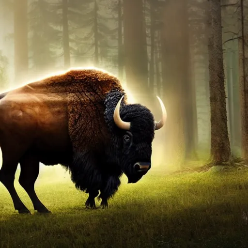 Image similar to a colossal giant bison in the clearing of a foreboding, misty forest. silhouette. atmospheric volumetric fog. digital matte painting. the bison has glowing red eyes.