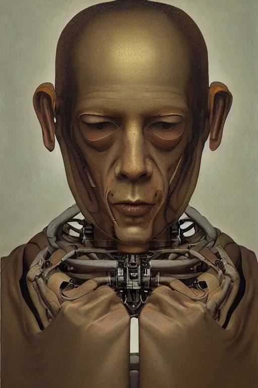 Image similar to robot monk painting a self - portrait on a canvas. intricate, highly detailed, photorealistic, film still, by vdragan bibin.