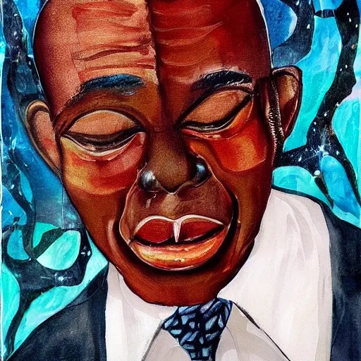 Prompt: a painting of a happy fatherly wide forehead, long nose, round face, XXL , loving, caring, generous, ever-present, humble, wise elder from Kenya in a suit by Wangechi Mutu . Fatherly/daddy, focused, loving, leader, relaxed,. ethereal lights, details, smooth, sharp focus, illustration, realistic, cinematic, artstation, award winning, rgb , unreal engine, octane render, cinematic light, macro, depth of field, blur, red light and clouds from the back, highly detailed epic cinematic concept art CG render made in Maya, Blender and Photoshop, octane render, excellent composition, dynamic dramatic cinematic lighting, aesthetic, very inspirational, arthouse.