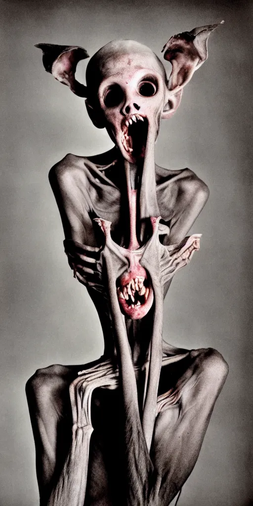 Image similar to award winning photo of anorexic boney pigman screaming eyes, vivid colors, happy, symmetrical face, beautiful eyes, studio lighting, wide shot art by Sally Mann & Arnold Newman