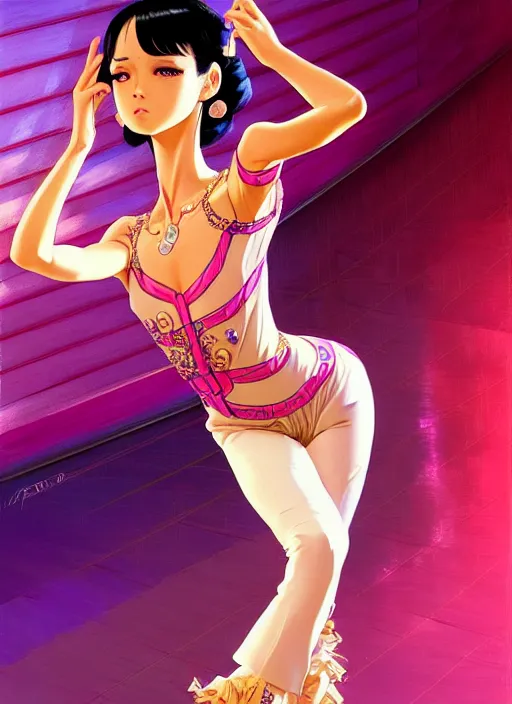 Image similar to a beautiful dancer with black hair in 1970's fashion, ballroom background, intricate, highly detailed, digital painting, artstation, official media, anime key visual, concept art, rich vivid colors, ambient lighting, sharp focus, illustration, art by Artgerm, Makoto Shinkai, Ilya Kuvshinov, Lois Van Baarle, and Rossdraws