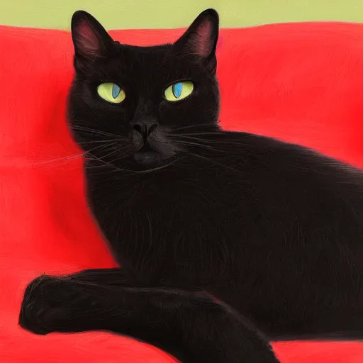 Image similar to black cat resting between red cushions, portrait, trending on artstation