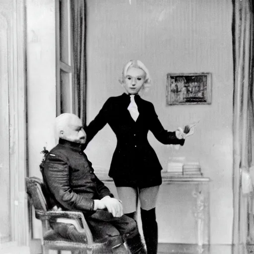 Image similar to Platinum-blonde-haired hime-cut blue-eyed French empress wearing white leggings, black jacket, boots, sitting in office, Bolshevik officer standing next to her, talking