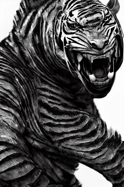 Prompt: epic portrait of a humanoid armored tiger. hyper realistic digital art. intricate. high detail