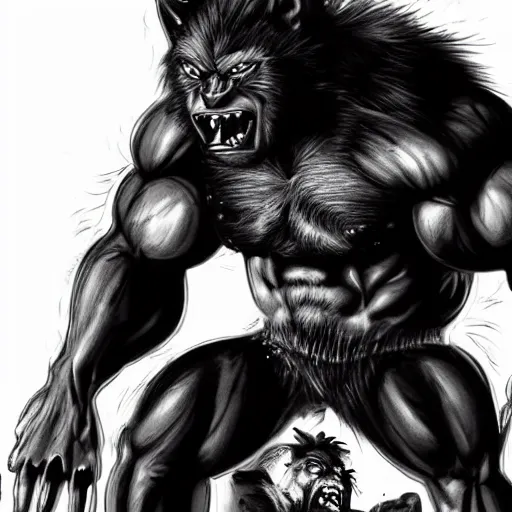 Prompt: a steroids werewolf with absurdly big muscles, intense expression, film still