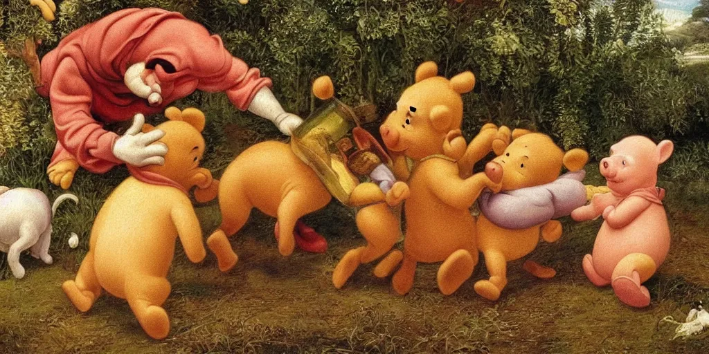 Prompt: A renaissance painting of winnie the pooh hunting piglet, high detail, hyper realistic,