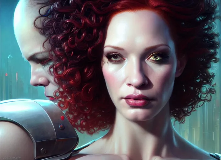 Image similar to portrait shot of a christina hendricks in cyberpunk 2 0 7 7, intricate, elegant, highly detailed, centered, digital painting, artstation, concept art, smooth, sharp focus, illustration, artgerm, tomasz alen kopera, peter mohrbacher, donato giancola, joseph christian leyendecker, wlop, boris vallejo