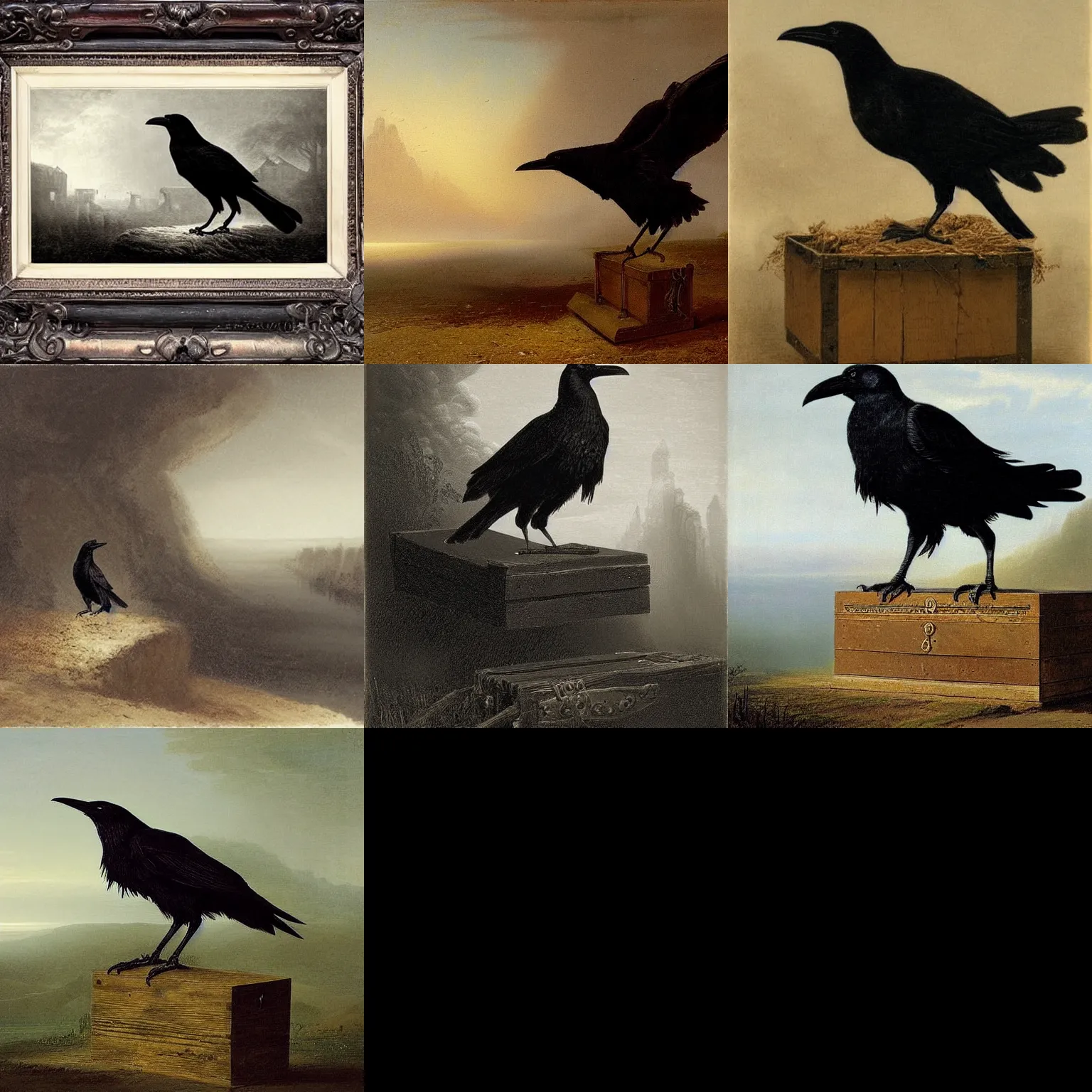 Prompt: a black crow sits on a huge dusty, antique wooden chest. mist, dreamlike, mysterious, high contast, dramatic, stagy, concept art by Alexander Nasmyth