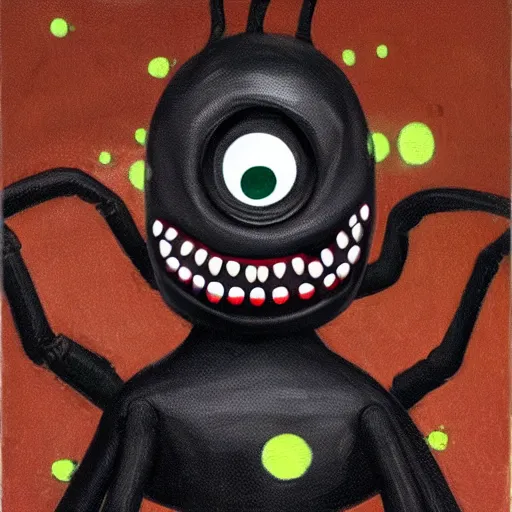 Prompt: friendly oil portrait of a scary anthropomorphic spider, black overalls with brass buttons, cute, big red eyes, pointy teeth, smiling, fuzzy, legs sprouting from head, dark neutral background, UwU