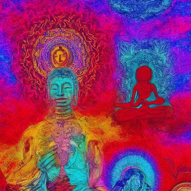 Prompt: human smiling meditating supreme peace immense knowledge infinite color dmt art red pink blue purple red black euphoria