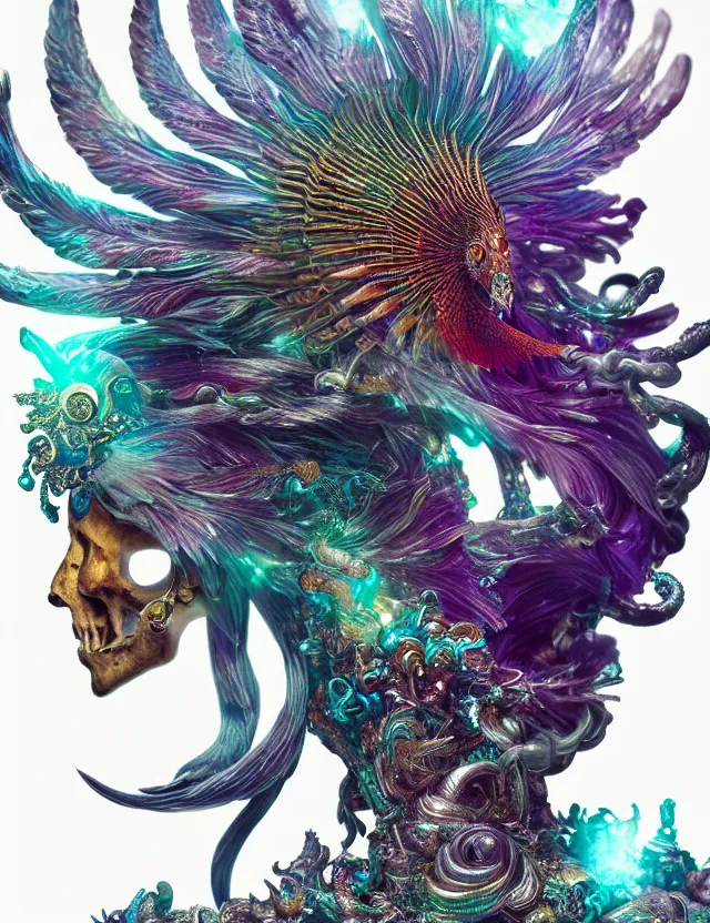 Image similar to goddess phoenix macro close - up portrait with crown made of ram skull. phoenix, betta fish, jellyfish, bioluminiscent, plasma, ice, water, wind, creature, super intricate ornaments artwork by tooth wu and wlop and beeple and greg rutkowski