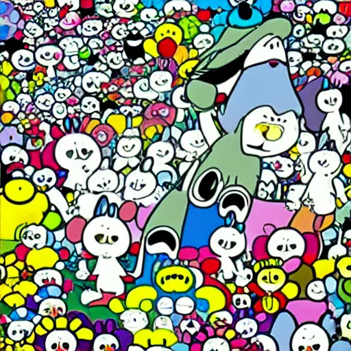 Prompt: moomin cartoon, Finnish cartoon, anime, anime key art, takashi murakami