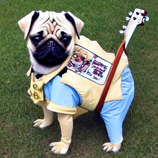 Prompt: pug dressed like dolly parton playing guitar