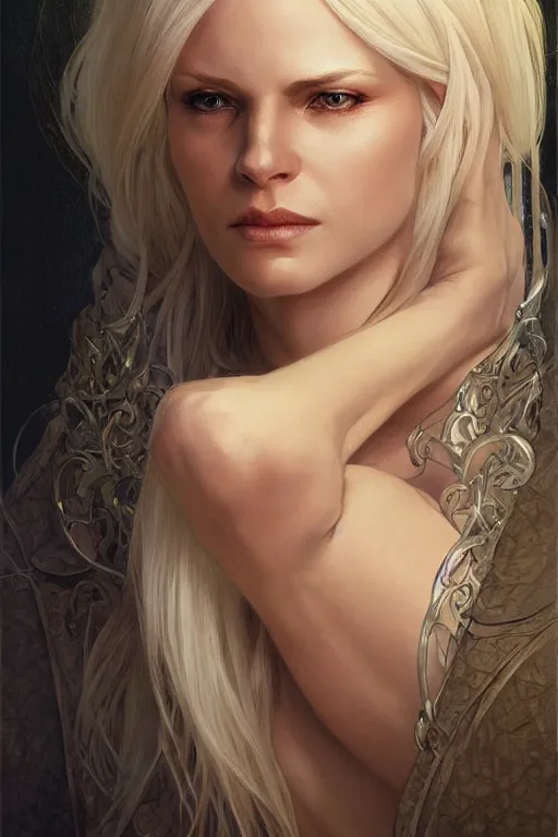 Image similar to portrait of an old blonde elven mage, dark, piercing eyes, gentle expression, elegant clothing, photorealistic, highly detailed, artstation, smooth, sharp focus, art by michael whelan, artgerm, greg rutkowski and alphonse mucha