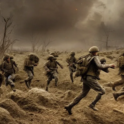 Prompt: highly detailed ultra realistic world war 1 soldiers running through destroyed landscape, HR Giger, muted colors. 4k