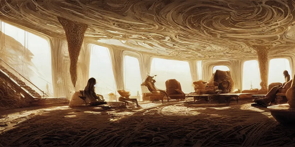 Prompt: luxury apartment interior, dune movie, intricate, elegant, highly detailed, john park, craig mullins, sparth, ruan jia, jeffrey catherine jones