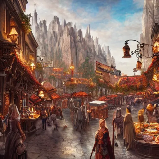 Prompt: a busy fantasy street market from within a beautiful and ornate city, hyper realistic digital art, beautiful painting, detailed, cinematic, great composition, rococo, dungeons and dragons, lord of the rings, artstation