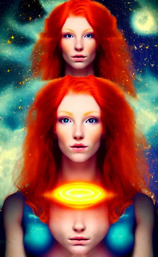 Image similar to space astral portrait of a beautiful girl, red hair, ginger hair, fantasy, glowing skin, smooth face, perfect eyes, half body shot, tarot card